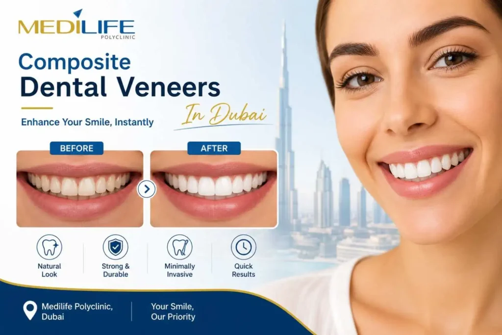 A patient’s smile transformation is showcased through before-and-after results of Composite Dental Veneers in Dubai at Medilife Polyclinic.